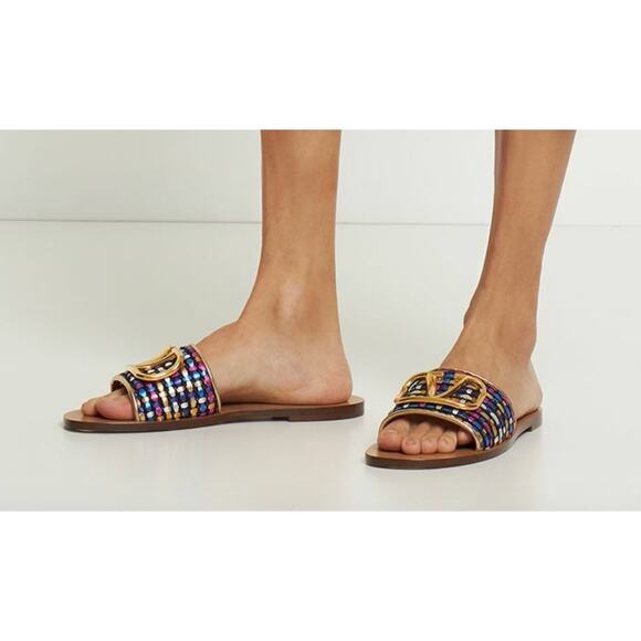 VALENTINO GARAVANI Sandals 5mm V logo Cotton Flats size 7 Multicolored Authentic - Picture 1 of 8